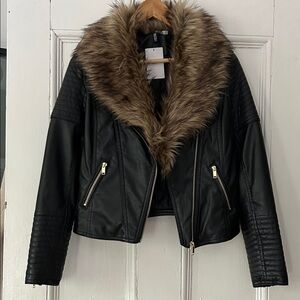 Vegan Black Moto Jacket w removable Faux Fur Collar